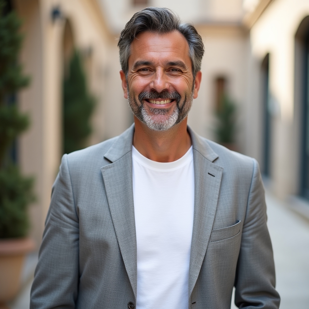 Educatore finanziario maschile sui 40 anni, abbigliamento casual professionale, sorriso aperto, terrazzo universitario