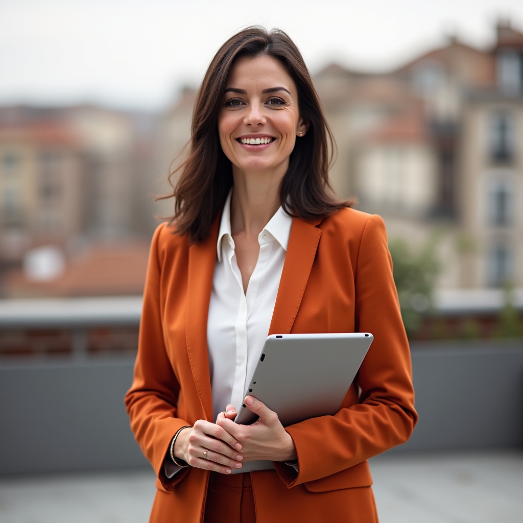 Educatrice finanziaria femminile circa 38 anni, abbigliamento smart casual, espressione concentrata e professionale, ambiente esterno luminoso
