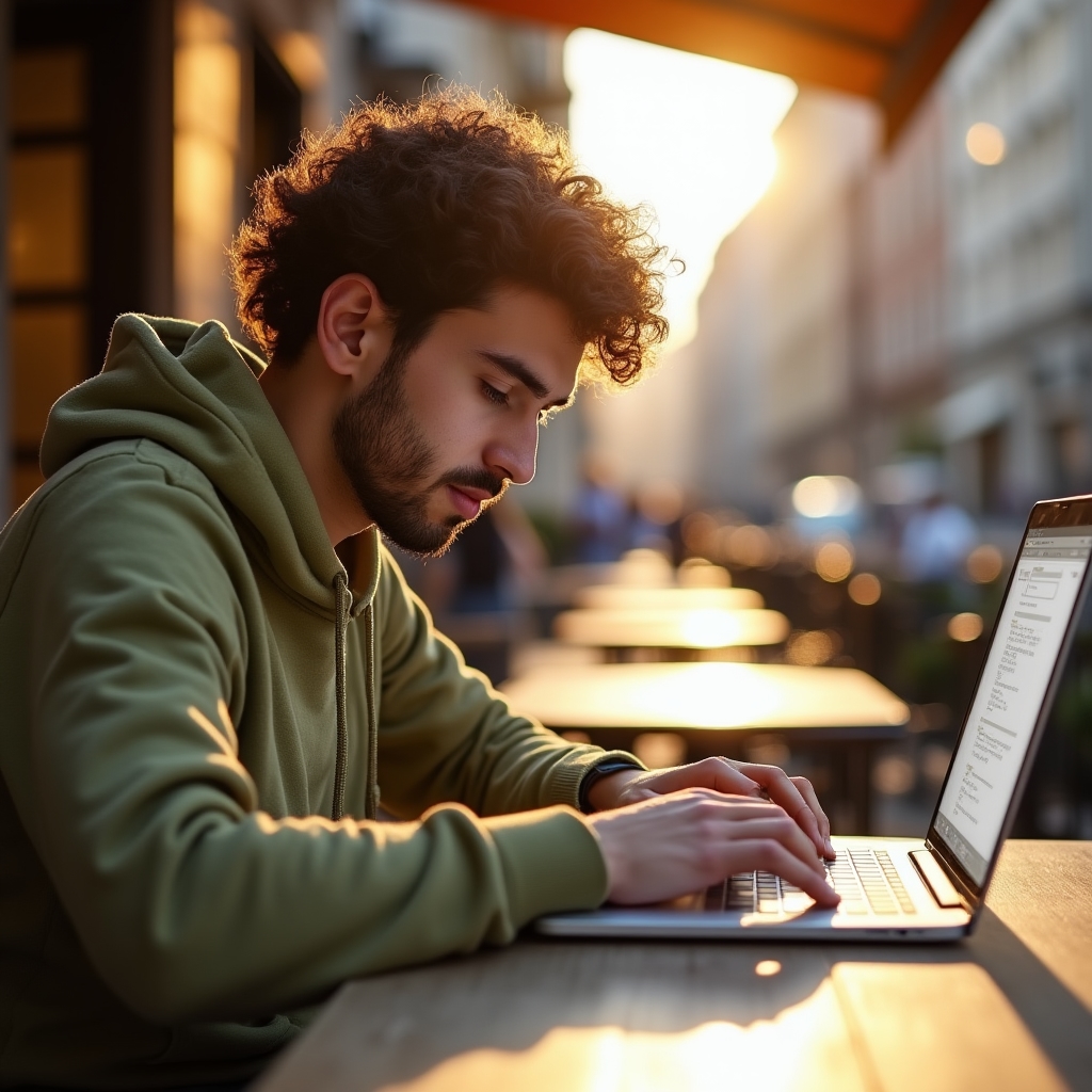 Studente universitario che si registra su una piattaforma educativa digitale su laptop in ambiente aperto