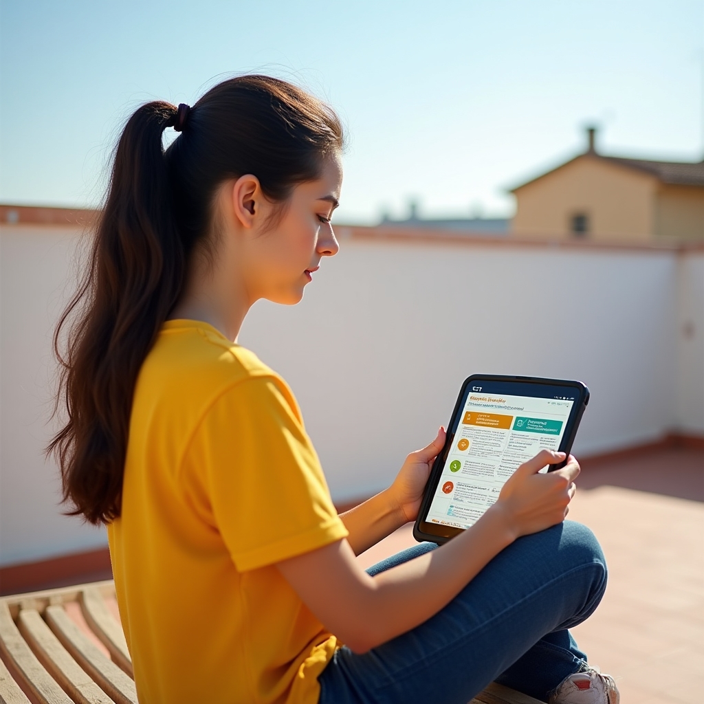 Studente universitaria che consulta materiali didattici digitali su tablet in uno spazio aperto