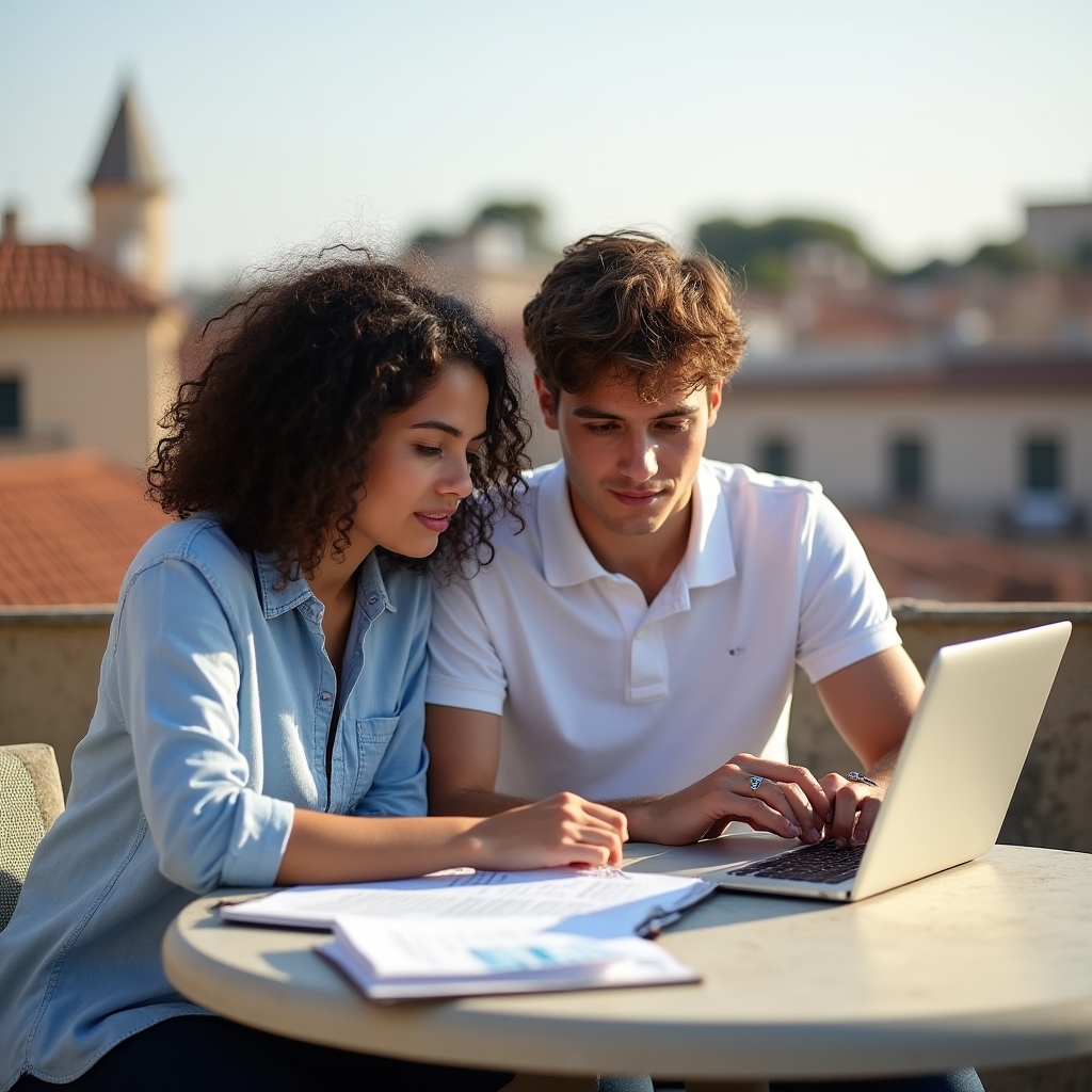 Studenti universitari italiani che studiano gestione finanziaria su un terrazzo urbano