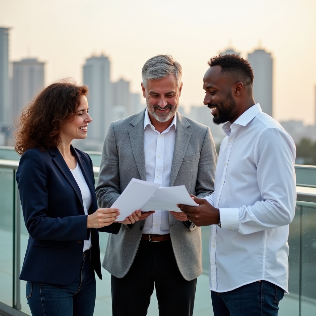 Educatori finanziari che collaborano su un terrazzo professionale con vista urbana